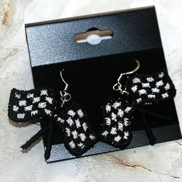 Hand Crafted Jewelry - HAND CRAFTED Earrings Race Checkered Flags Embroidered Lace Pierced Pair